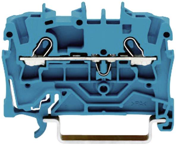 Niebieski blok zacisków szeregowych z metalowymi stykami i mocowaniami, stosowany w instalacjach elektrycznych do podłączania przewodów.