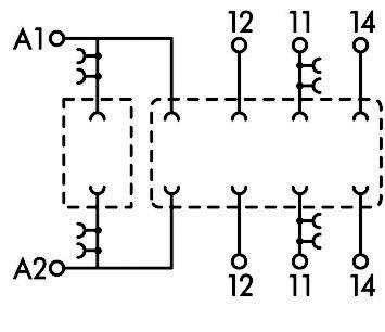 Schemat elektryczny przekaźnika dwubiegunowego z oznaczonymi zaciskami A1, A2, 11, 12, 14. Linie przedstawiają połączenia i kontakty.