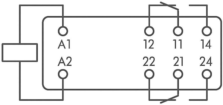 Elektryczny symbol schematu elektrycznego przedstawia przekaźnik z zaciskami cewki A1 i A2 oraz zaciskami styków 11-14 i 21-24.