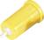 Mały, żółty, cylindryczny korek plastikowy z krótkim, srebrnym metalowym trzpieniem po jednej stronie, odizolowany na białym tle.