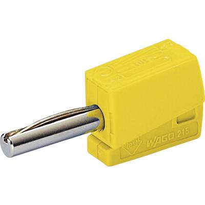 Żółty złącznik WAGO z włożonym przewodem, odpowiedni do połączeń elektrycznych.