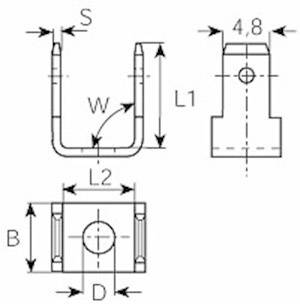 Rysunek techniczny elementu metalowego w kształcie litery U z wymiarami: średnica otworu 4,8 mm, długości L1 i L2, szerokości S i W, wysokość B.