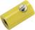 Żółty łącznik przewodów, cylindryczny, z metalową śrubą do mocowania przewodów elektrycznych.
