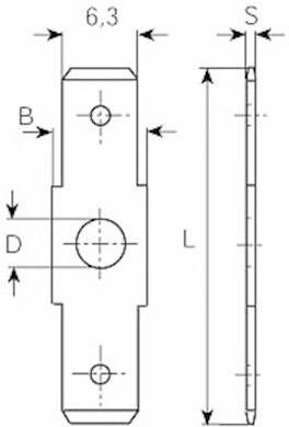 Rysunek techniczny elementu z wymiarami: długość (L), grubość (S), szerokość (B). Rysunek przedstawia prostokątny kształt z kilkoma otworami.