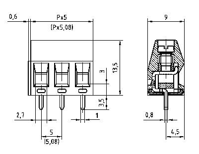 Rysunek techniczny wielobiegunowego złącza. Pokazuje wymiary: szerokość 15,8 mm, wysokość 13,5 mm, rozstaw pinów 5 mm.