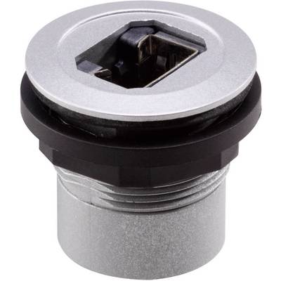 Złącze USB w okrągłej metalowej obudowie, odpowiednie do wbudowania w urządzenia lub meble. Przedstawia zagłębiony, prostokątny port.