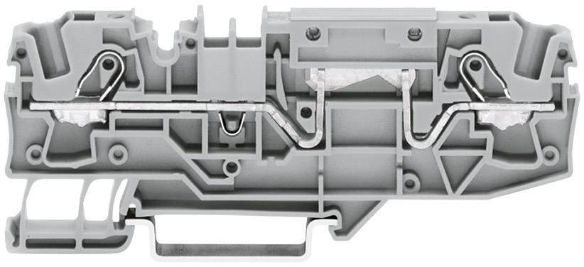 Szare obudowa zacisków elektrycznych z tworzywa sztucznego z metalowymi stykami, stosowana do bezpiecznego połączenia przewodów elektrycznych.