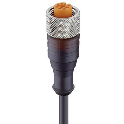 Czarny kabel elektryczny z metalowym złączem na jednym końcu, z widocznymi pomarańczowymi stykami.