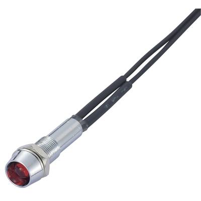 Cylindryczny, metalowy czujnik z czerwoną diodą LED i dwoma czarnymi przewodami. Stosowany do celów fotoelektrycznych lub rozpoznawania obiektów.