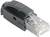 Czarny wtyk sieciowy RJ45 wykonany z tworzywa sztucznego z przezroczystą końcówką, stosowany do połączeń Ethernet lub kabli sieciowych.