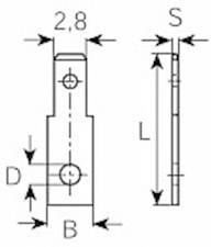 Rysunek techniczny elementu z wymiarami: Wysokość L, Szerokość B, Głębokość D, Odległość 2,8 oraz oznaczenie S; widok z góry i widok z boku.