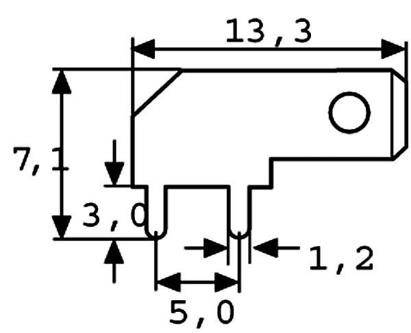 Rysunek techniczny elementu z wymiarami: wysokość 7,1, szerokość 13,3 oraz dodatkowymi szczegółami: 3,0, 1,2, 5,0.