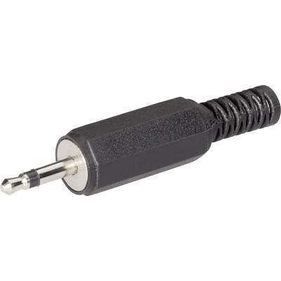 Czarny wtyk audio, znany również jako wtyk jack 3,5 mm, odpowiedni do słuchawek lub urządzeń audio.