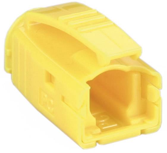 Żółty wtyk plastikowy z prostokątnym otworem, odpowiedni do połączeń kablowych w urządzeniach elektronicznych lub elektrycznych.