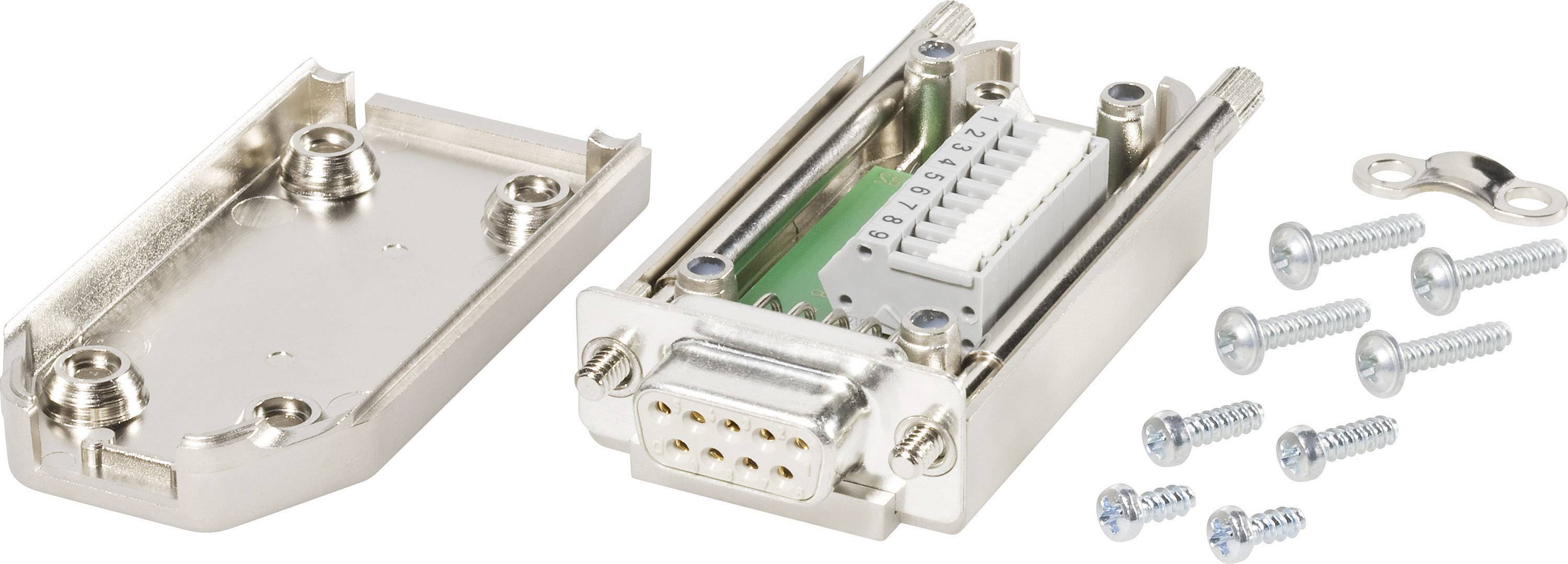 Metalowa obudowa złącza D-Sub, otwarta i rozmontowana na części; widoczny jest blok przyłączeniowy oraz dołączone śruby.