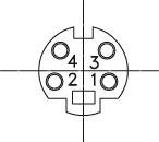 Rysunek 4-biegunowego złącza w widoku krzyżowym, ponumerowany od 1 do 4, z kwadratowym wycięciem na dole na środku.