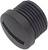 Czarny zatyczka gwintowana z rowkiem, cylindryczna, przedstawiona z boku. Odpowiednia do zamykania otworów lub przyłączy.