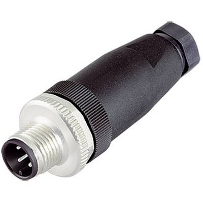 Czarny złącze M12 z gwintem metalowym i wieloma stykami, stosowane w zastosowaniach przemysłowych i elektronicznych.