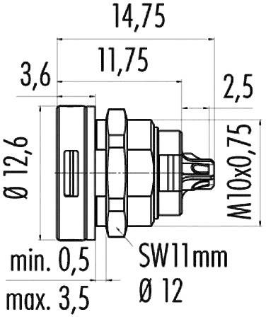 Rysunek techniczny elementu z wymiarami w milimetrach, w tym: średnica 12,6, wysokość 3,6, gwint M10x0,75, klucz 11 mm.