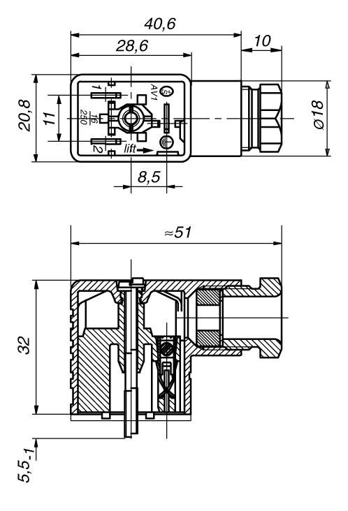Rysunek techniczny wtyczki z wymiarami. Główne wymiary to 40,6 mm x 28,6 mm. Przedstawiono widoki szczegółowe z dwóch stron.
