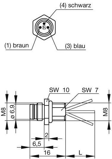 Rysunek techniczny wtyczki z wymiarami: długość 16 mm, szerokości SW 10 i SW 7; przewody oznaczone w kolorach 'brązowy', 'niebieski', 'czarny'.