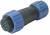 Złącze wtykowe, cylindryczne, czarne z niebieskimi nakrętkami, przeznaczone do połączeń kablowych w elektronice lub elektrotechnice.