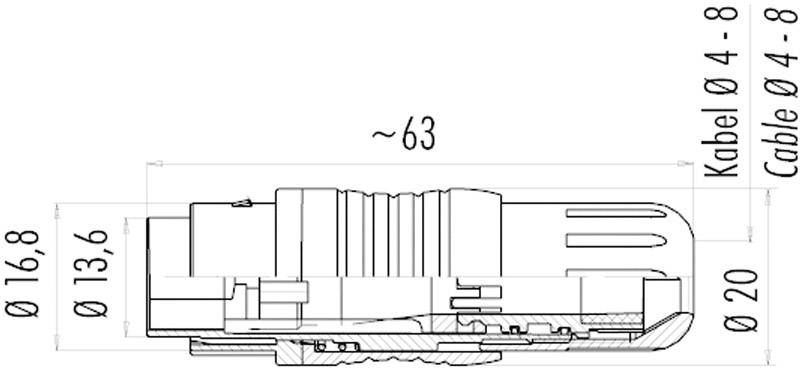 Rysunek techniczny złącza wtykowego z wymiarami: długość ok. 63 mm, średnica 16,8 mm. Odpowiedni dla przewodów o średnicy 4-8 mm.