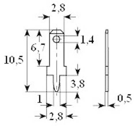 Rysunek techniczny elementu wtykowego z wymiarami: wysokość 10,5 mm, szerokość 2,8 mm, grubość 0,5 mm, pozostałe wymiary również są podane.