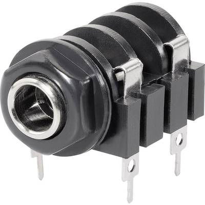 Czarna, trzystykowa wtyczka jack 6,35 mm z metalowymi stykami, odpowiednia do połączeń audio lub urządzeń elektrycznych.