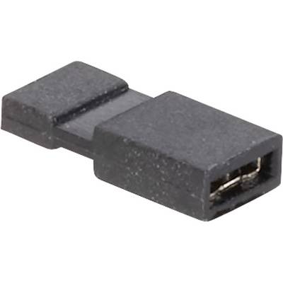 Czarny wtyk zworki, używany do połączeń elektrycznych na płytkach drukowanych, przedstawia styki pinowe po prawej stronie.
