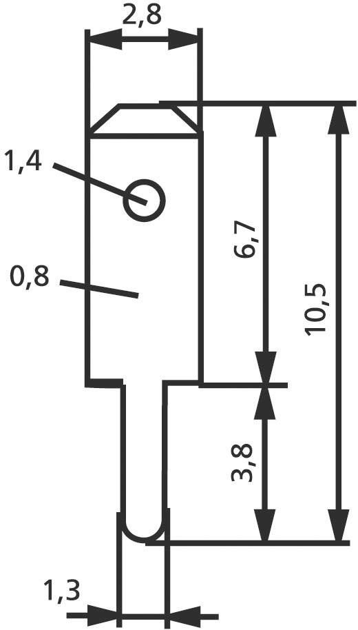 Rysunek techniczny śruby z wymiarami: długość całkowita 10,5 cm, wysokość główki 1,4 cm, średnica główki 2,8 cm, długość trzonu 6,7 cm.