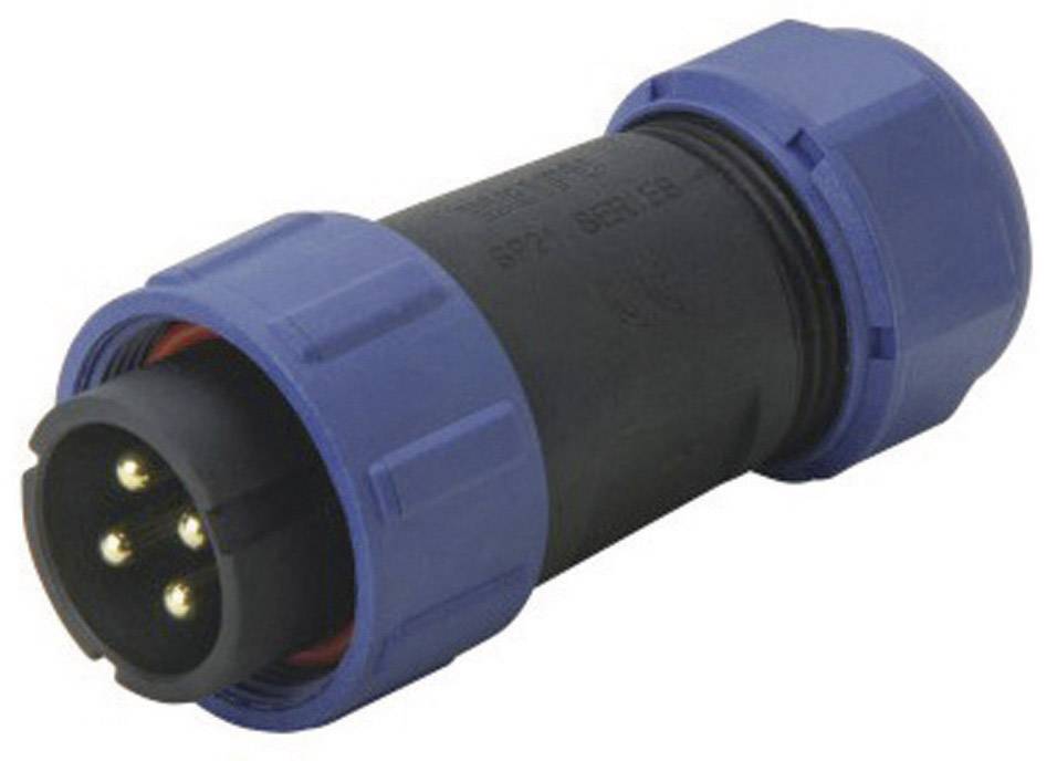 Niebieski i czarny cylindryczny złącz wtykowy z wieloma stykami, stosowany do połączeń elektrycznych między przewodami.