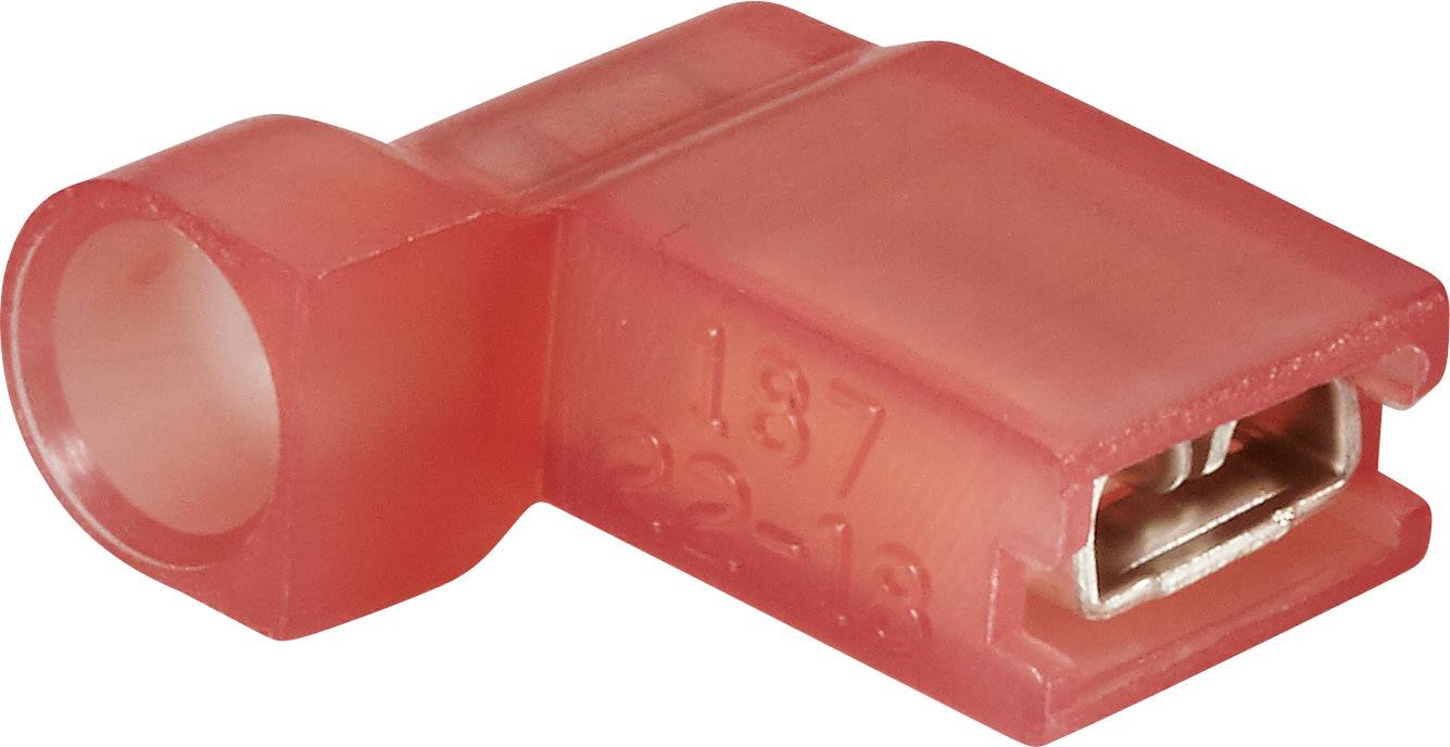 Konektor żeński kątowy, pełna izolacja PA, 4.8x0.5 mm, 0.75-1.5 mm2, czerwony