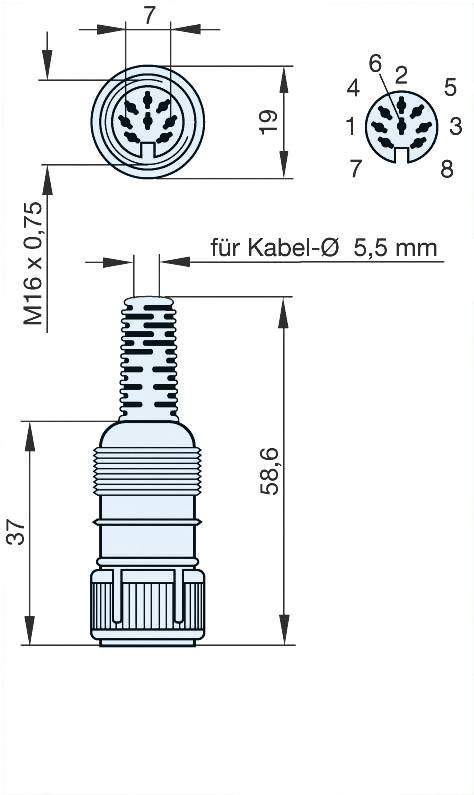 Diagram złącza z wymiarami: długość 58,6 mm, 7-pinowe, gwint M16 x 0,75, dla średnicy kabla 5,5 mm.