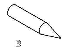 "B" oznacza trójwymiarowy obiekt przypominający ołówek. Obiekt ten posiada cylindryczny kształt i ostry czubek.