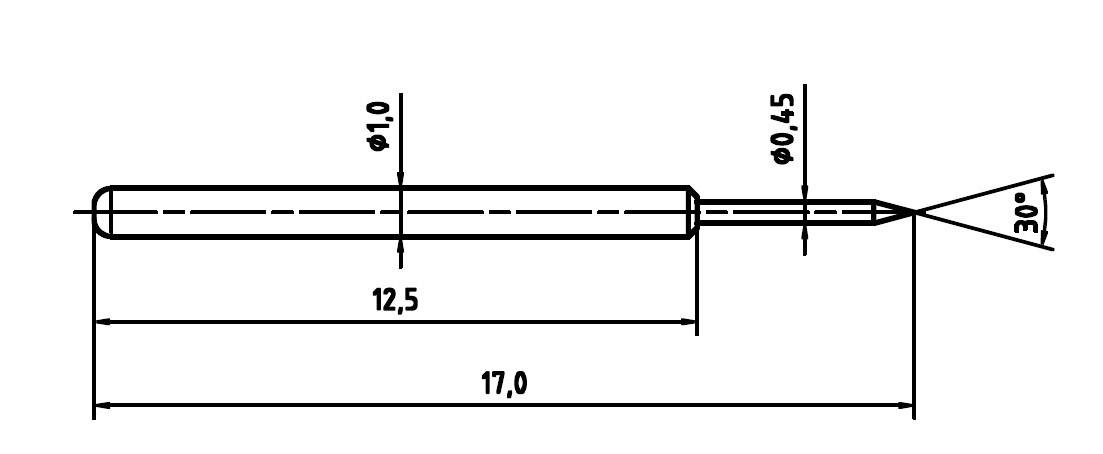 Rysunek techniczny cylindrycznego pióra z końcówką. Długość 17 mm, średnica 1 mm, odpowiednio 0,45 mm przy końcówce, kąt 30°.