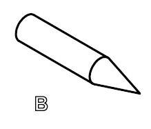 Ołówek jest pokazany z perspektywy z góry, lekko pochylony w prawo, z czubkiem skierowanym w prawo. Litera 'B' poniżej.