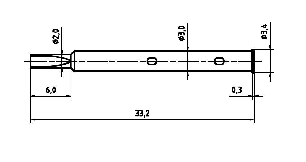 Rysunek techniczny cylindrycznego obiektu z wieloma średnicami i otworami, o całkowitym wymiarze 33,2 mm, z zaznaczonymi różnymi średnicami.