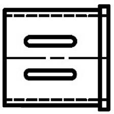 Czarno-biały symbol szafki z dwoma szufladami; prosty, prostokątny projekt.