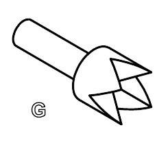 Szkic trójzębnego narzędzia z uchwytem. Litera 'G' obok. Przeznaczenie niejasne.