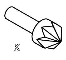Obraz przedstawia symbol rysunku technicznego z narzędziem frezarskim stożkowym oraz literą 'K' obok niego.