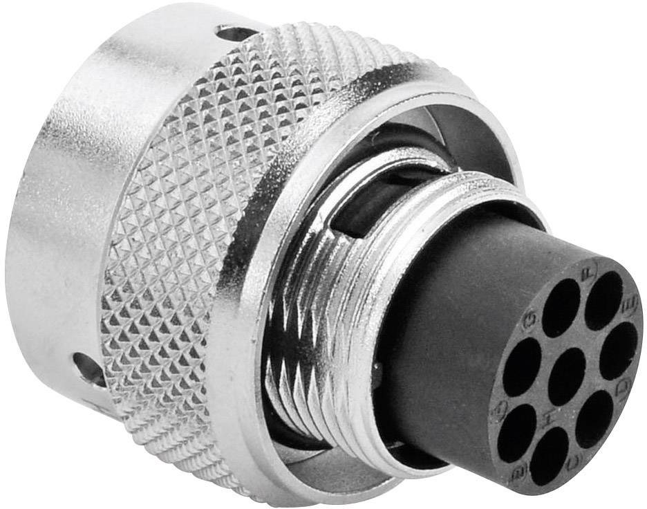 Metalowy złącz wtykowy z okrągłą obudową i wieloma okrągłymi stykami do połączeń elektronicznych.