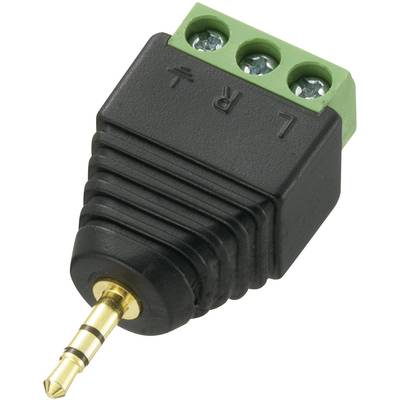 Czarny adapter jack 3,5 mm z zielonym blokiem zacisków śrubowych, oznaczony literami L, R i T dla połączeń przyłączeniowych.