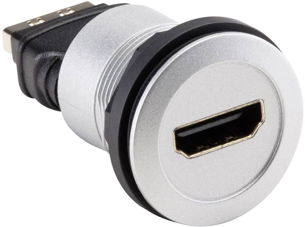 Srebrny adapter HDMI kątowy 90 stopni, przydatny do podłączania kabli HDMI w ciasnych przestrzeniach.