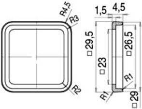 Rysunek techniczny obiektu kwadratowego z zaokrąglonymi narożnikami o dokładnych wymiarach w milimetrach: 29,5 x 29,5 x 1,5.