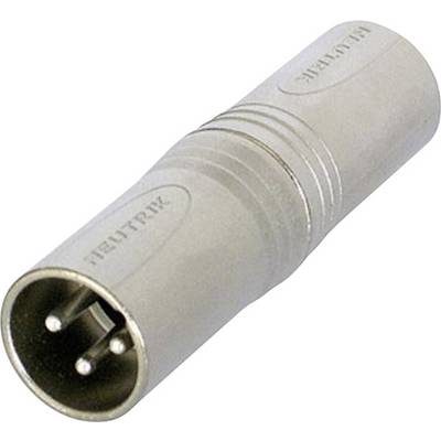 Srebrny adapter wtykowy XLR z trzema pinami, często stosowany w połączeniach audio, na neutralnym tle.