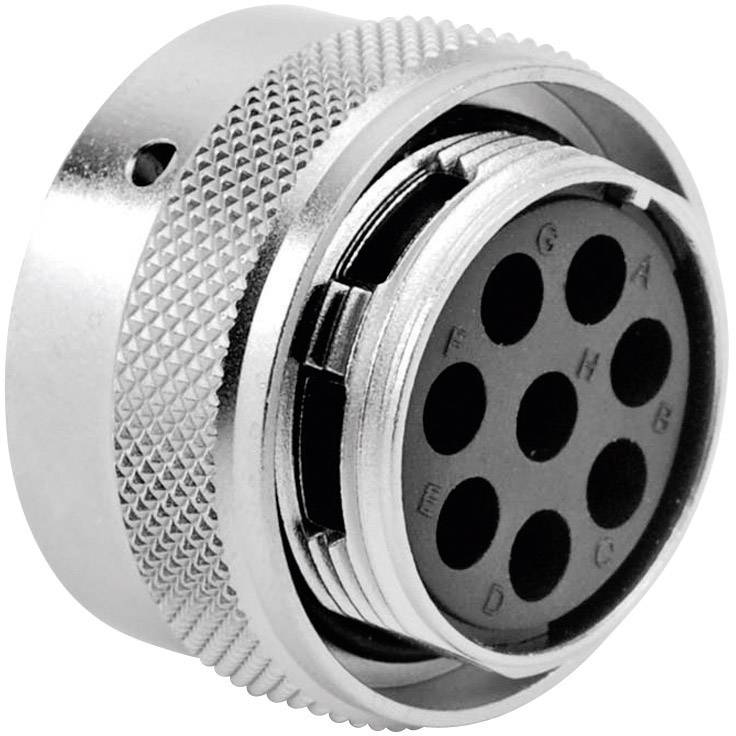 'Srebrny, okrągły elektryczny wtyk z wieloma otworami do podłączenia kabla, strukturalna metalowa obudowa, widok wewnętrzny.'