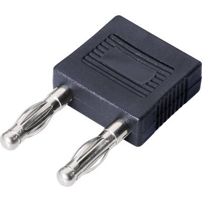 Czarny adapter wtykowy z dwoma metalowymi stykami, typowo używany do połączeń przewodów głośnikowych lub audio.