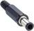 Czarny wtyk cylindryczny z metalowym grotem na białym tle. Odpowiedni do połączeń elektronicznych.