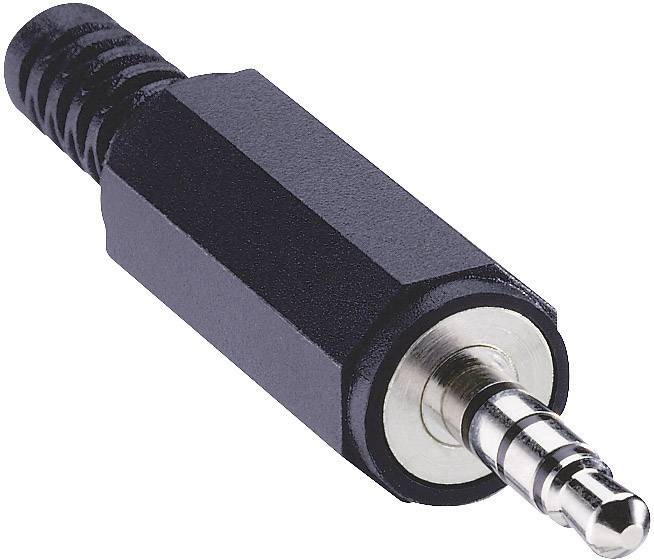 Czarny wtyk 3,5 mm, ułożony bocznie, z metalowym końcem i żebrowanym uchwytem z tworzywa sztucznego; służy do podłączania urządzeń audio.